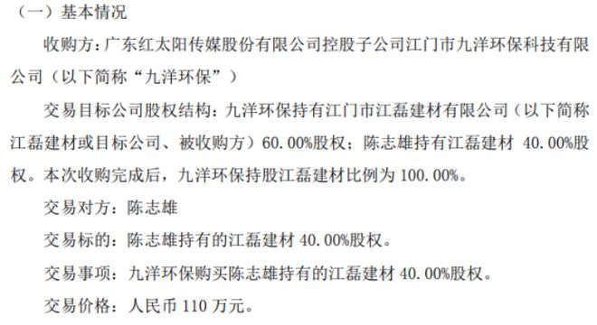 太阳传媒控股子公司九洋环保以110万购买陈志雄持有的江磊建材40%股权(图1) 太阳传媒控股子公司九洋环保以110万购买陈志雄持有的江磊建材40%股权(图1)